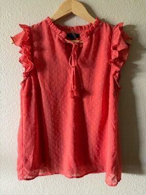 1.STATE Coral Swiss Dot Ruffle Sleeve Blouse Medium Tassel Tie Top